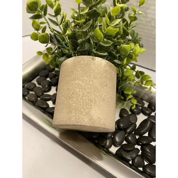 Artificial Plant with Stone Style Planter on Silver Tray with Black River Rocks - Picture 5 of 10